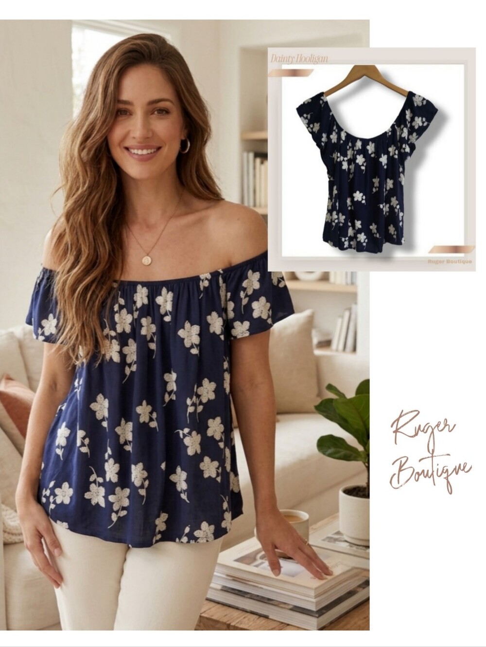 🌿Dainty Hooligan Women's Medium Navy Floral Cold Shoulder Boho Crop Top